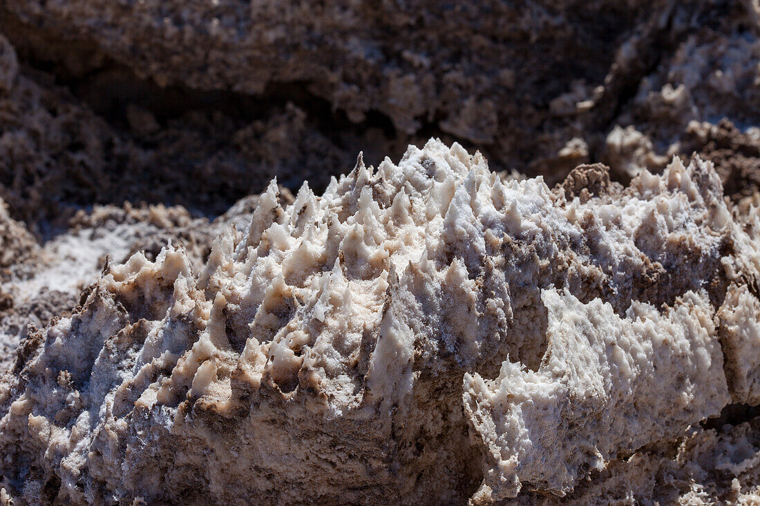 Jagged blocks of halite crystals in the Devil's Golf Course in the Mojave Desert in Death Valley National Park, California.