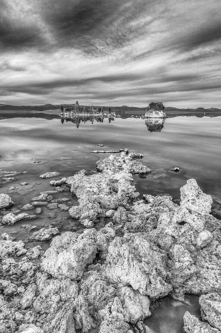 Tufa rock formations in Mono Lake in California.