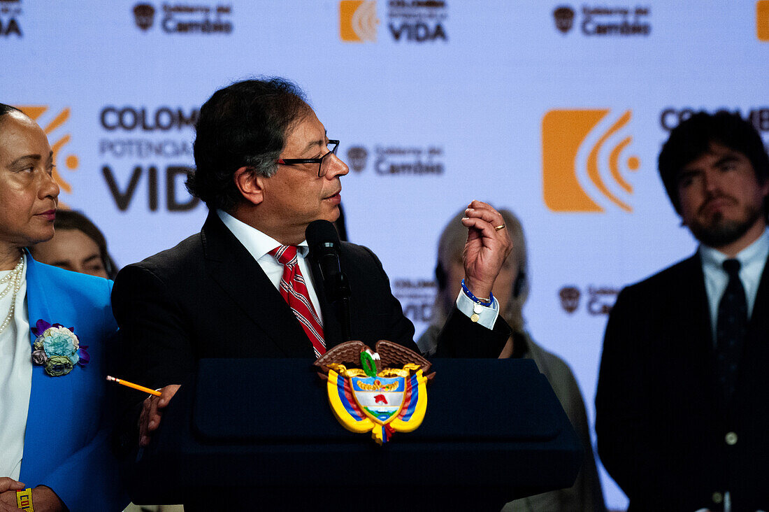 Colombian president Gustavo Petro speaks during a press conference, after a meeting with the United Nations Security Council regarding the advancements made on Colombia's 2016 peace process and the new ongoing process, in Bogota, Colombia February 8, 2024.