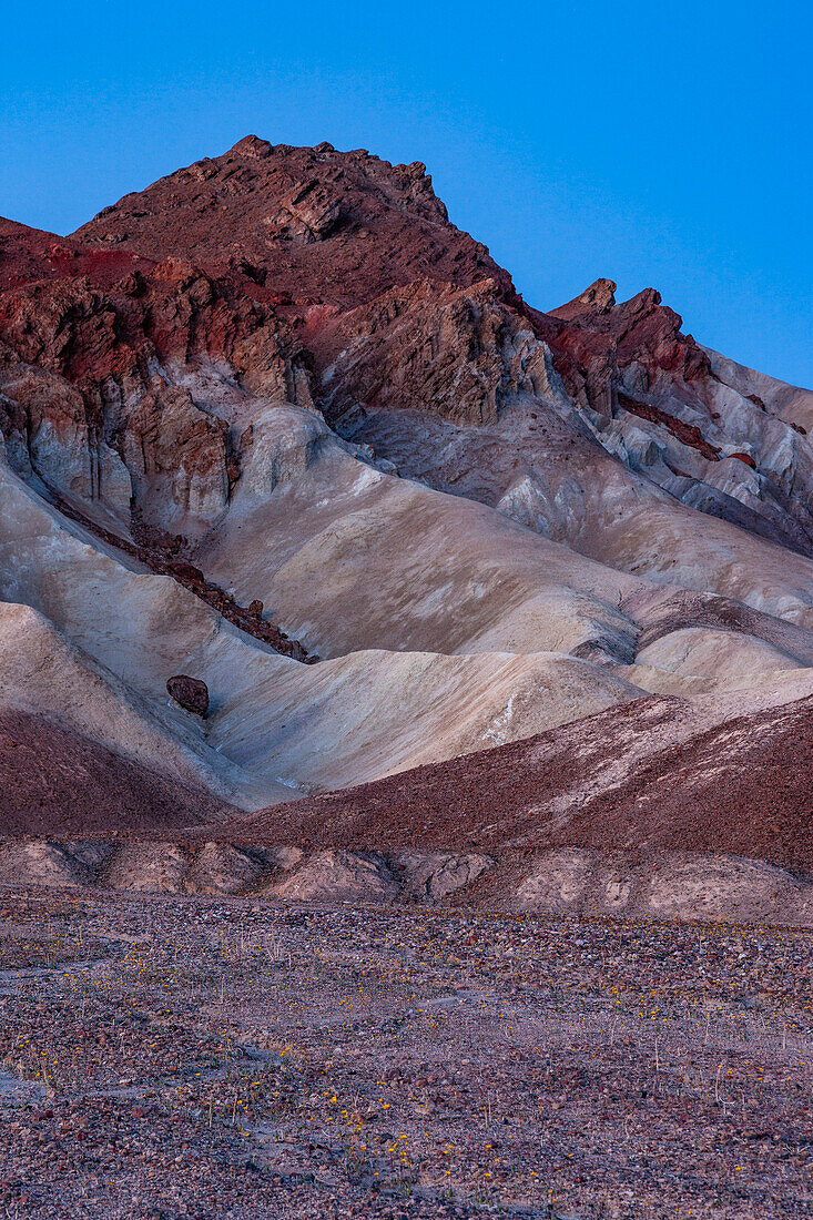 Colorful Furnace Creek Formations near the mouth of Golden Canyon in Death Valley National Park in the Mojave Desert, California.