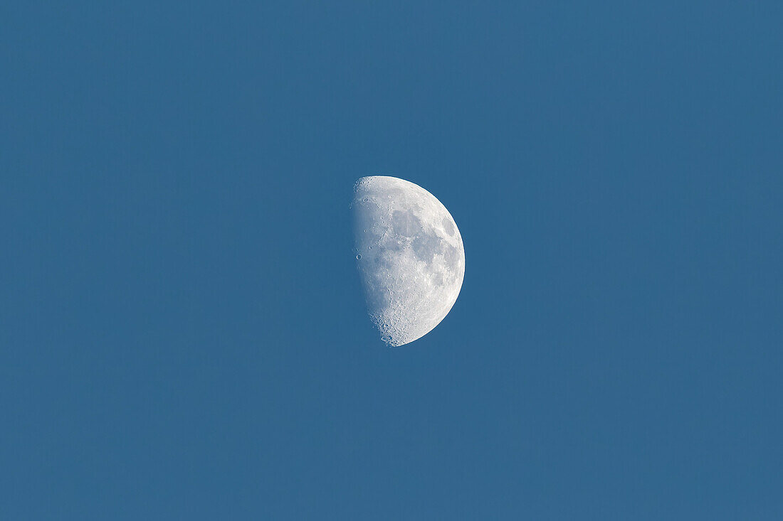 Ein zunehmender Gibbous-Mond, fotografiert bei Tageslicht mit einem Teleobjektiv über New Mexico