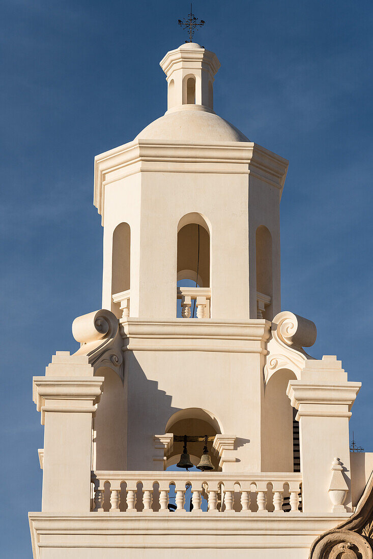 The west bell tower and bells of the Mission San Xavier del Bac, Tucson Arizona.