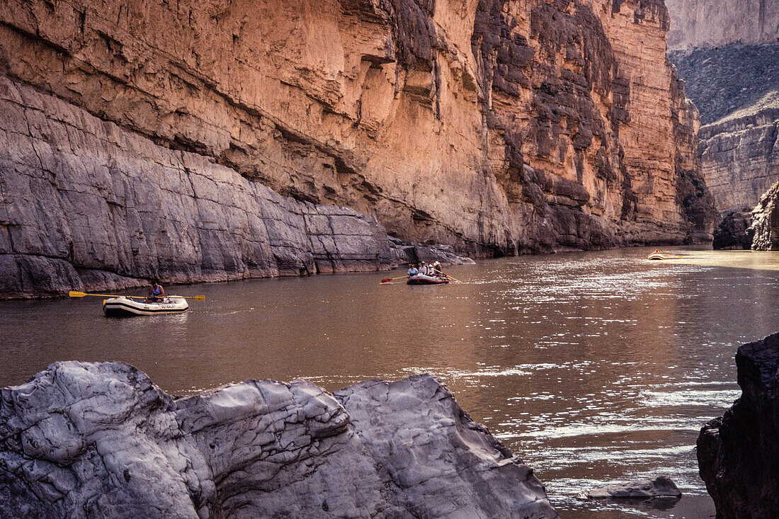 River rafting on the Rio Grande River in Santa Elena Canyon in Big Bend National Park in Texas. Mexico is at left.