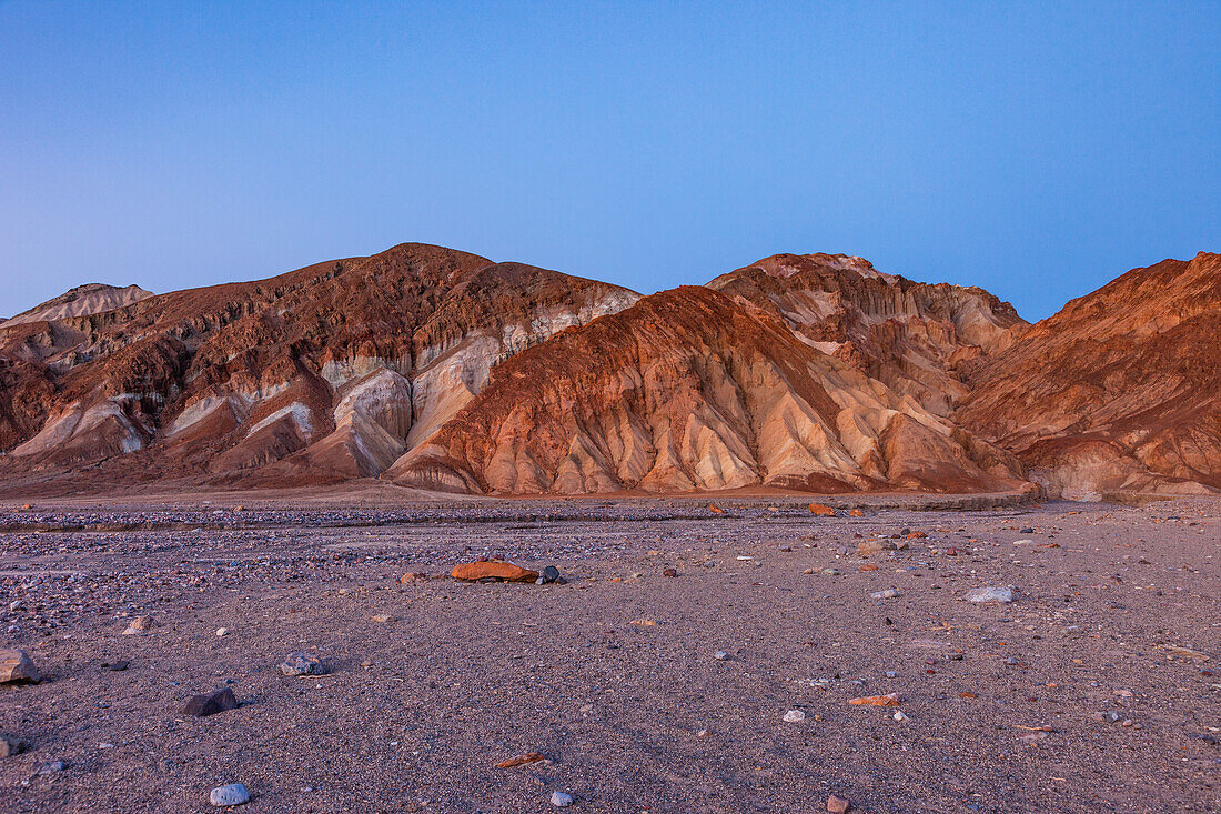 Colorful Furnace Creek Formations near the mouth of Golden Canyon in Death Valley National Park in the Mojave Desert, California.