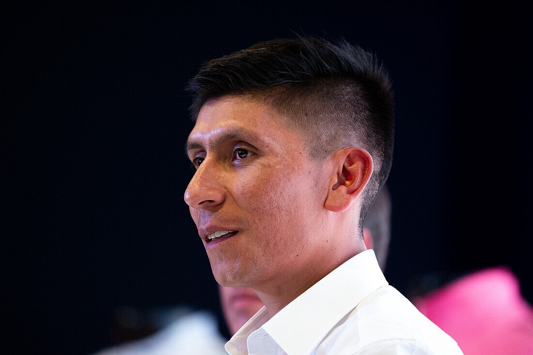 Colombian cyclist Nairo Quintana during a press conference announcing it's return to the Movistar Cycling team, in Bogota, Colombia on october 30, 2023.