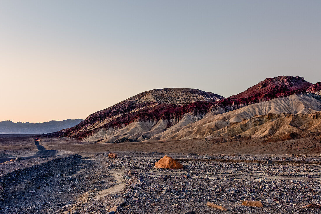 Colorful Furnace Creek Formations near the mouth of Golden Canyon in Death Valley National Park in the Mojave Desert, California.