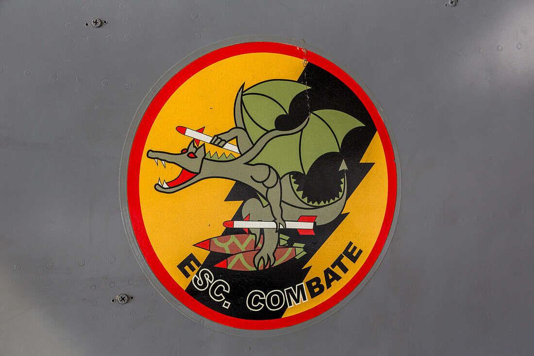 Combat squadron dragon emblem on a Super Tucano fighter aircraft at the San Isidro Air Base in the Dominican Republic.