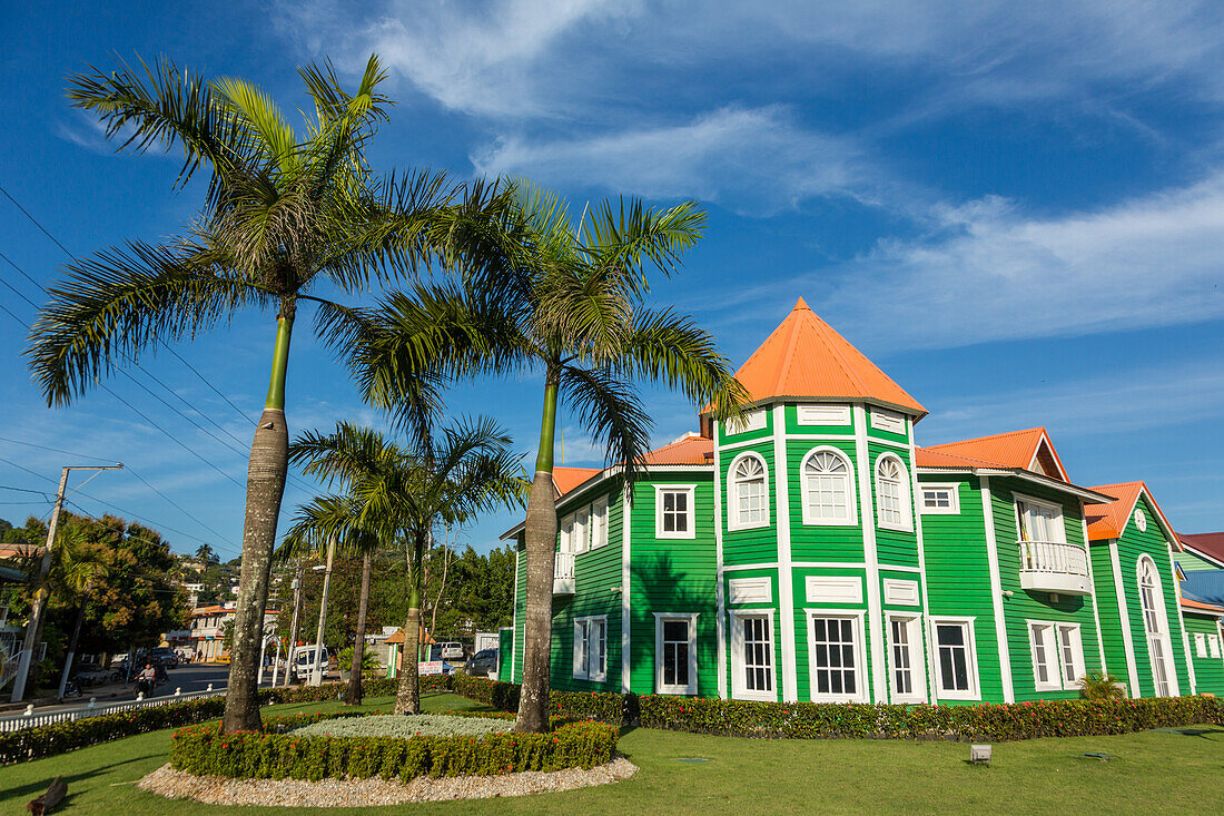Colorfully-painted buildings in the Pueblo Principe tourist shopping center in Samana, Dominican Republic.