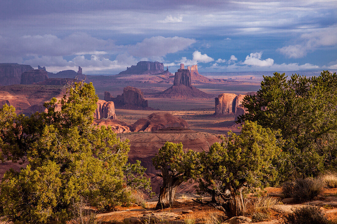 Stormy sunrise in Monument Valley Navajo Tribal Park in Arizona. View from Hunt's Mesa.
