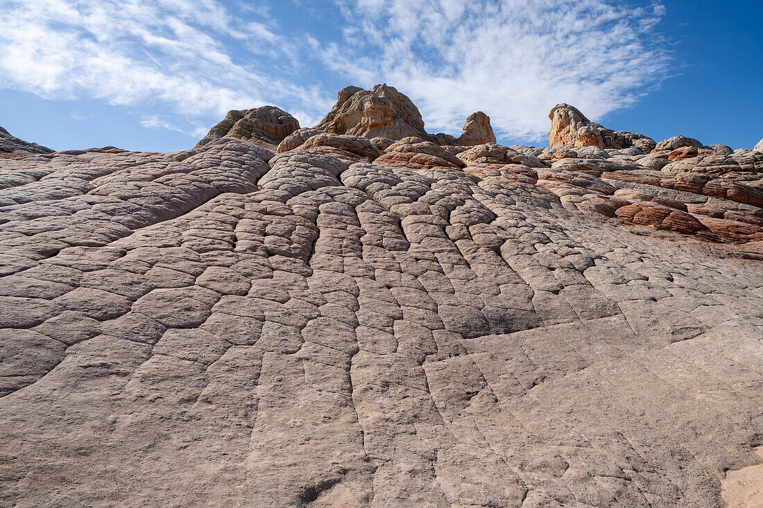 Weißer Pillow Rock oder Brain Rock Sandstein in der White Pocket Recreation Area, Vermilion Cliffs National Monument, Arizona. Eine Form des Navajo-Sandsteins