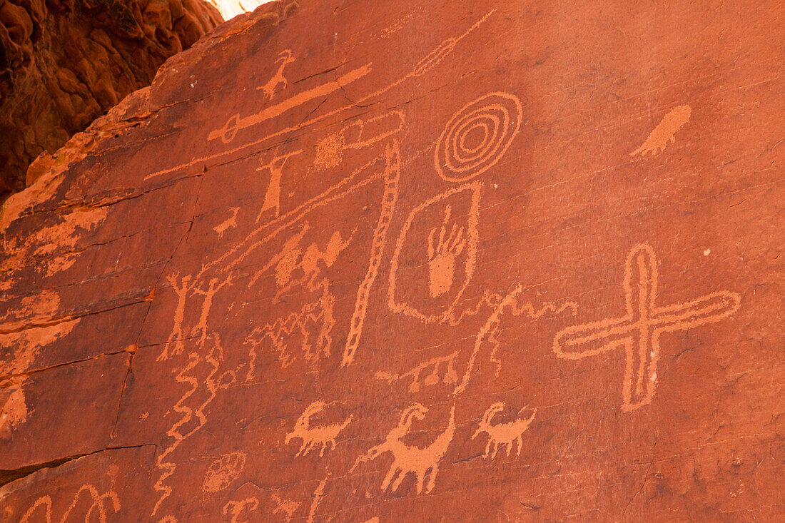 Atlatl Rock, a pre-Hispanic Native American petroglyph rock art panel in Valley of Fire State Park in Nevada.