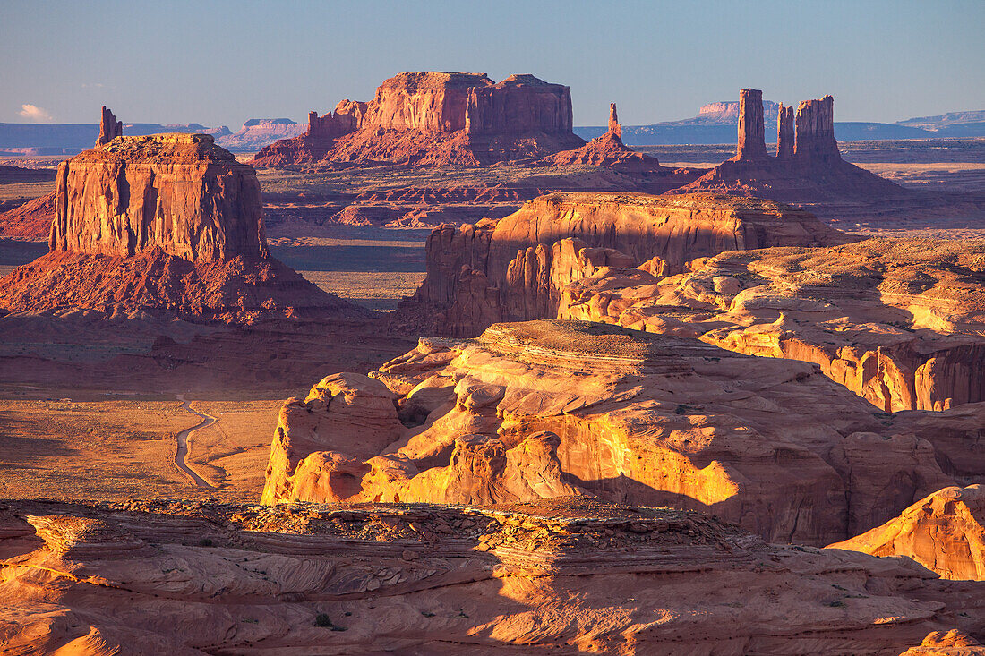 Telephoto view of Monument Valley from Hunt's Mesa in the Monument Valley Navajo Tribal Park in Arizona.