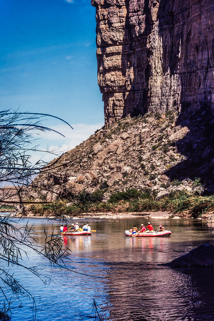 River rafting on the Rio Grande River in Santa Elena Canyon in Big Bend National Park with Mexico across the river.