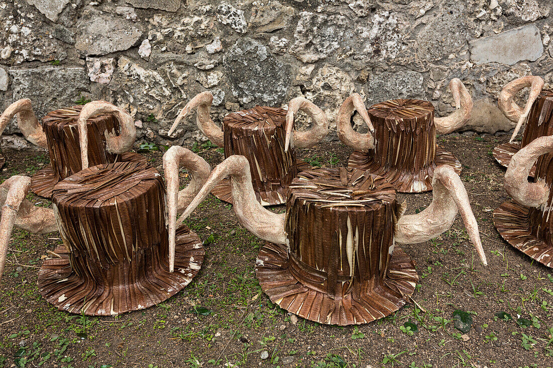 Horned hats as part of the costumes for the youth Carnival parade in the colonial sector of Santo Domingo, Dominican Republic.