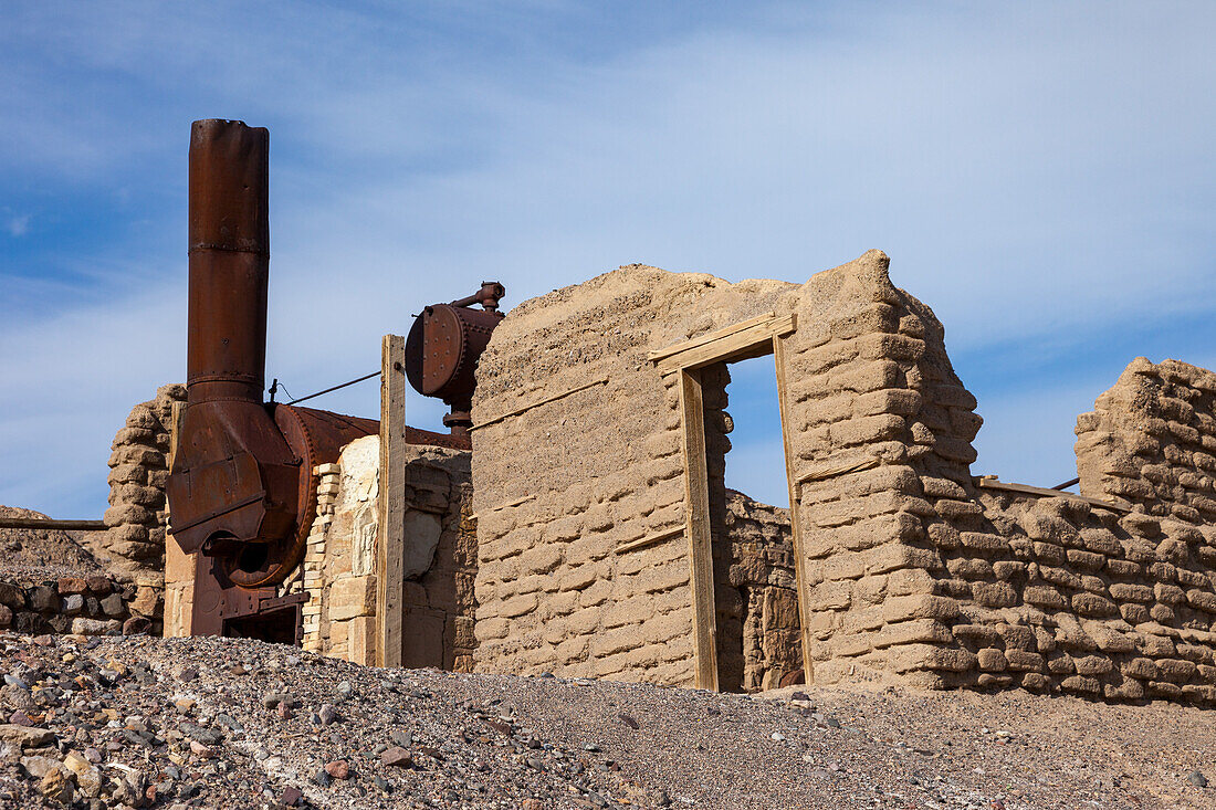 Ruins of the historic Harmony borax processing plant at Furnace Creek in Death Valley National Park in California.