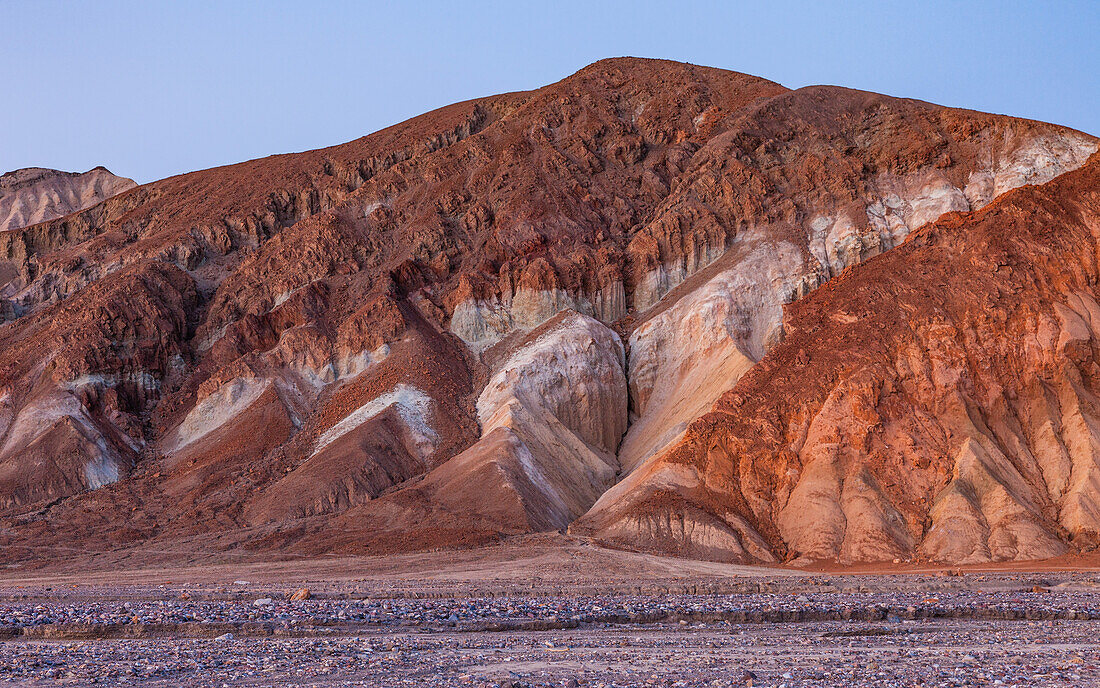 Colorful Furnace Creek Formations near the mouth of Golden Canyon in Death Valley National Park in the Mojave Desert, California.