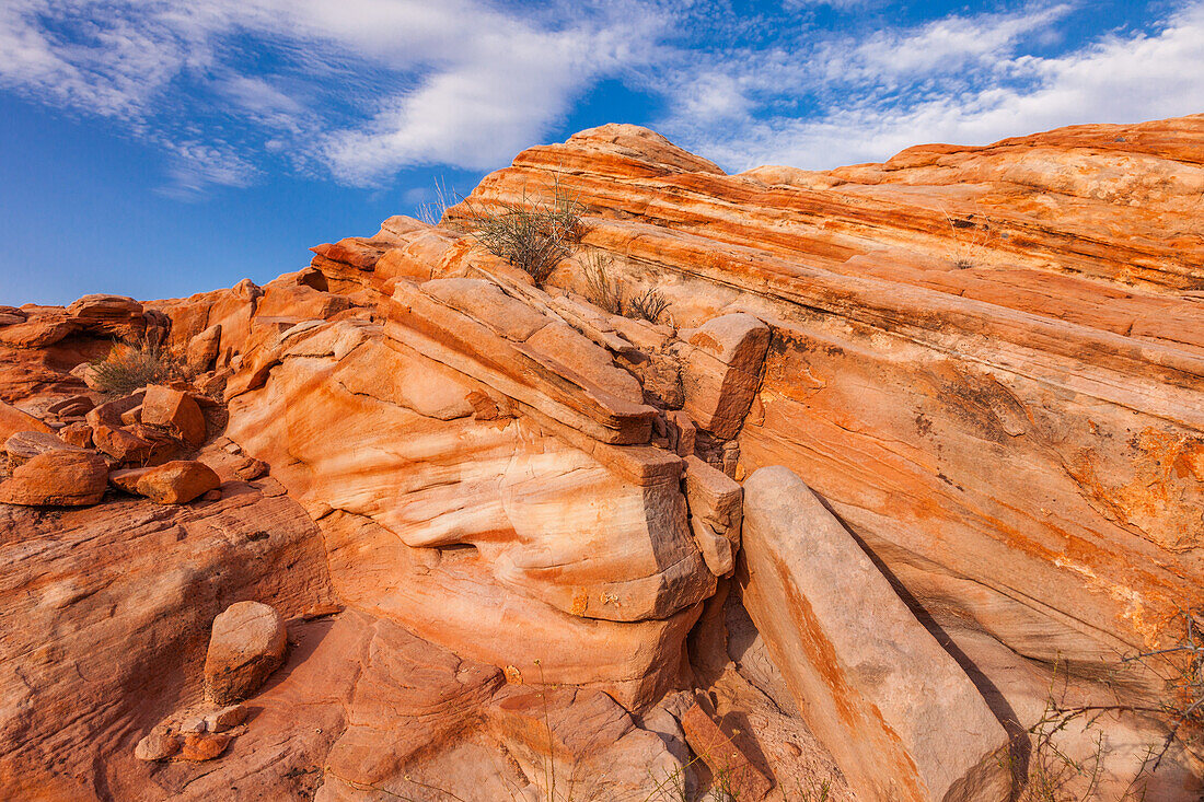 Colorful eroded Aztec sandstone formations in Valley of Fire State Park in Nevada.