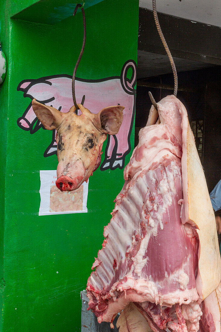 Ein Schweinekopf und Fleisch an Fleischhaken in einer Freiluftmetzgerei in Bonao, Dominikanische Republik