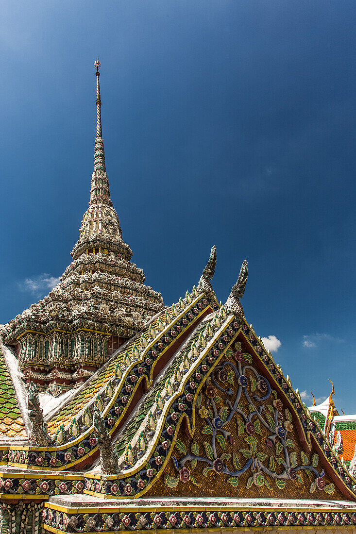 Detail of the Phra Vihara Yod Chapel by the Temple of the Emerald Buddha at the Grand Palace complex in Bangkok, Thailand.