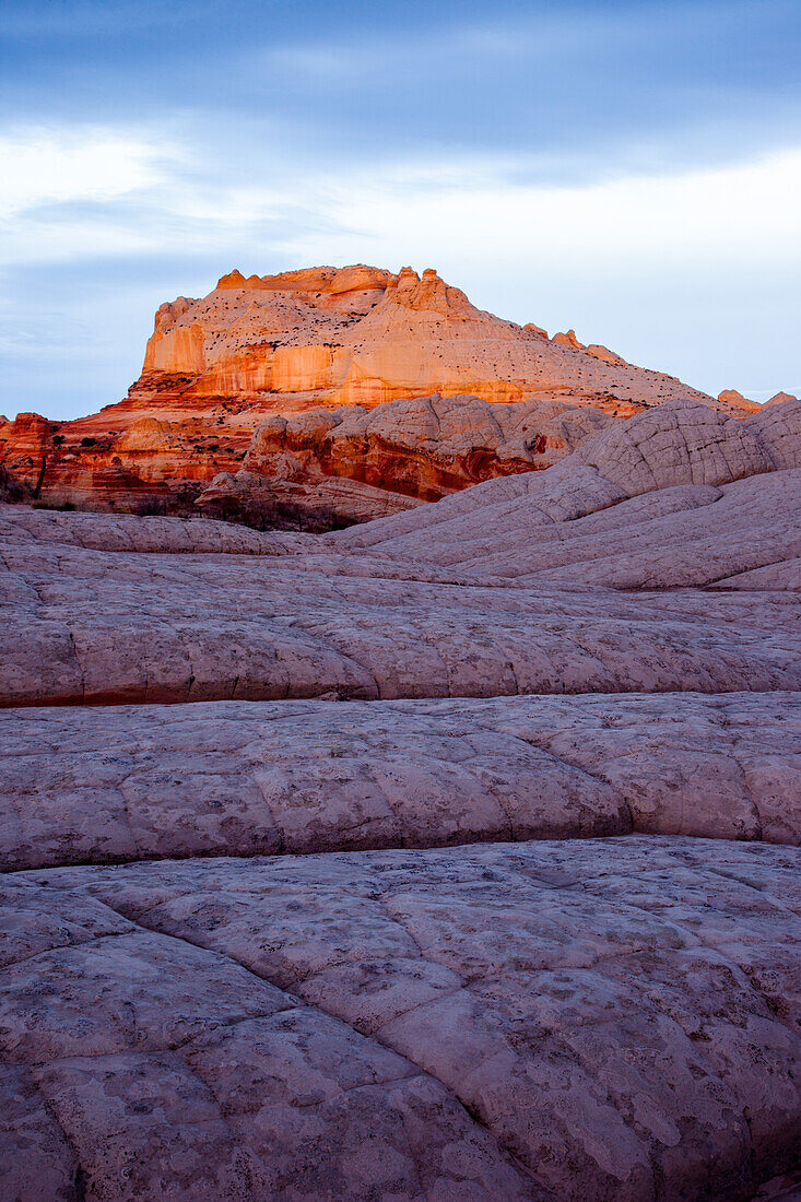 First light on the sandstone monolith in the White Pocket Recreation Area, Vermilion Cliffs National Monument, Arizona. Lichen-covered pillow-rock is in the foreground.