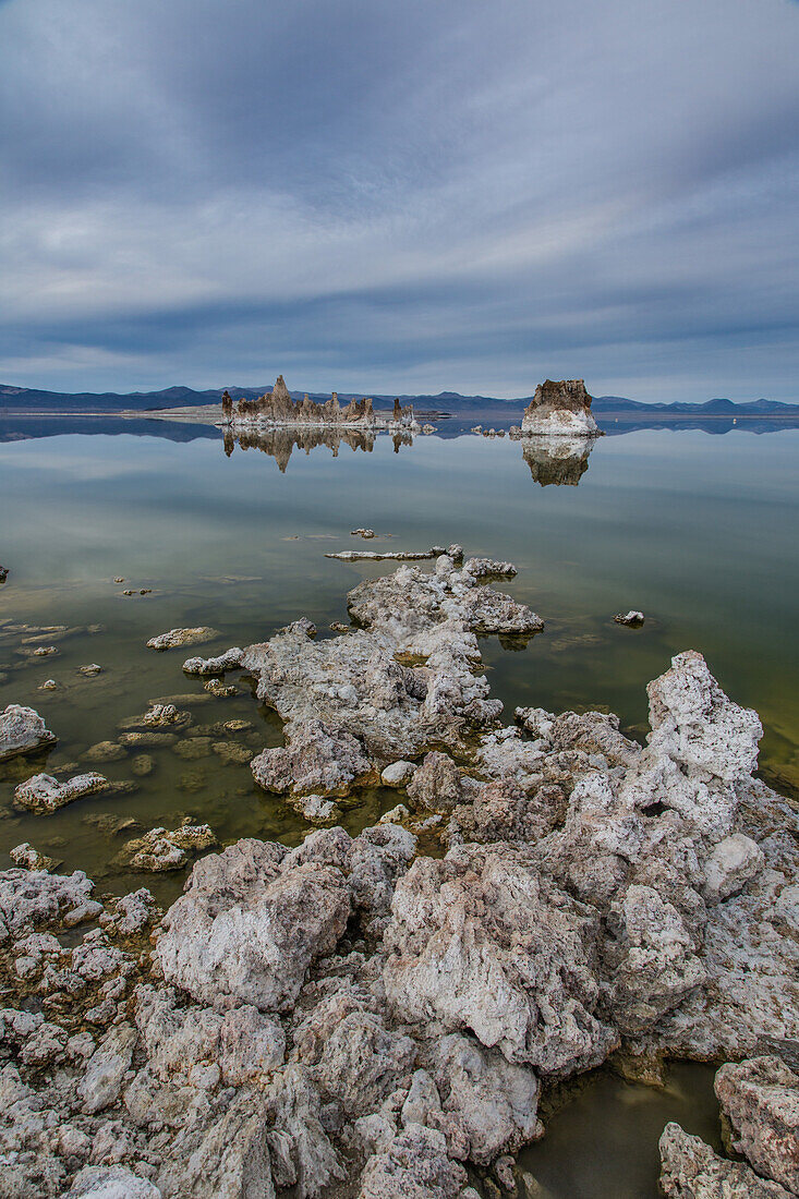 Tufa rock formations in Mono Lake in California.