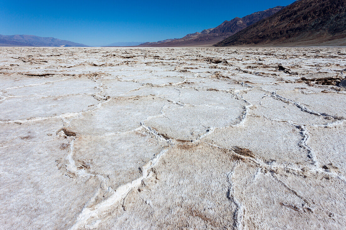 Salt polygons in Badwater Basin in the Mojave Desert in Death Valley National Park, California.