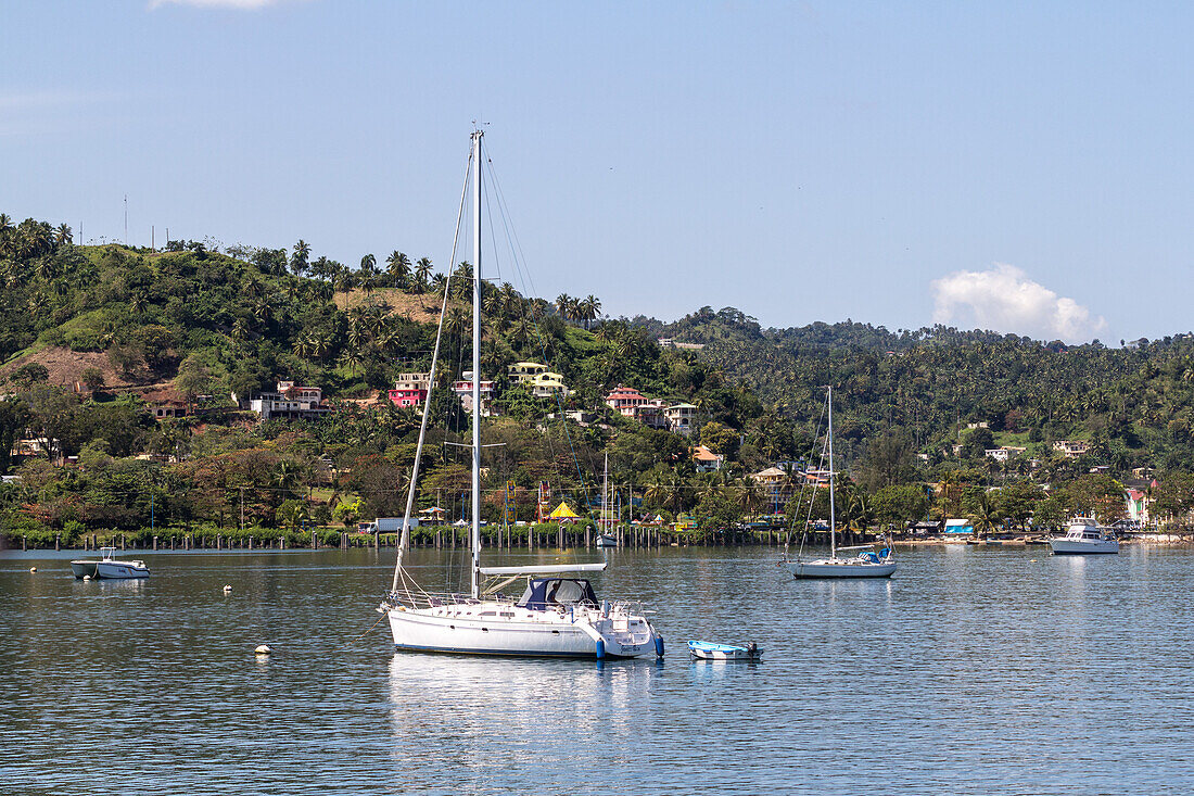 Sailboats moored in the harbor of Samana, Dominican Republic.