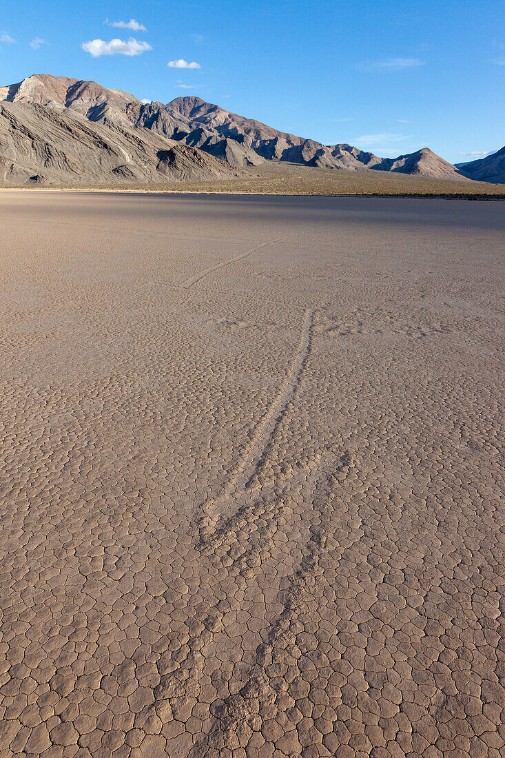 Zig-zag tracks of sailing stones on the Racetrack Playa in Death Valley National Park in the Mojave Desert, California.