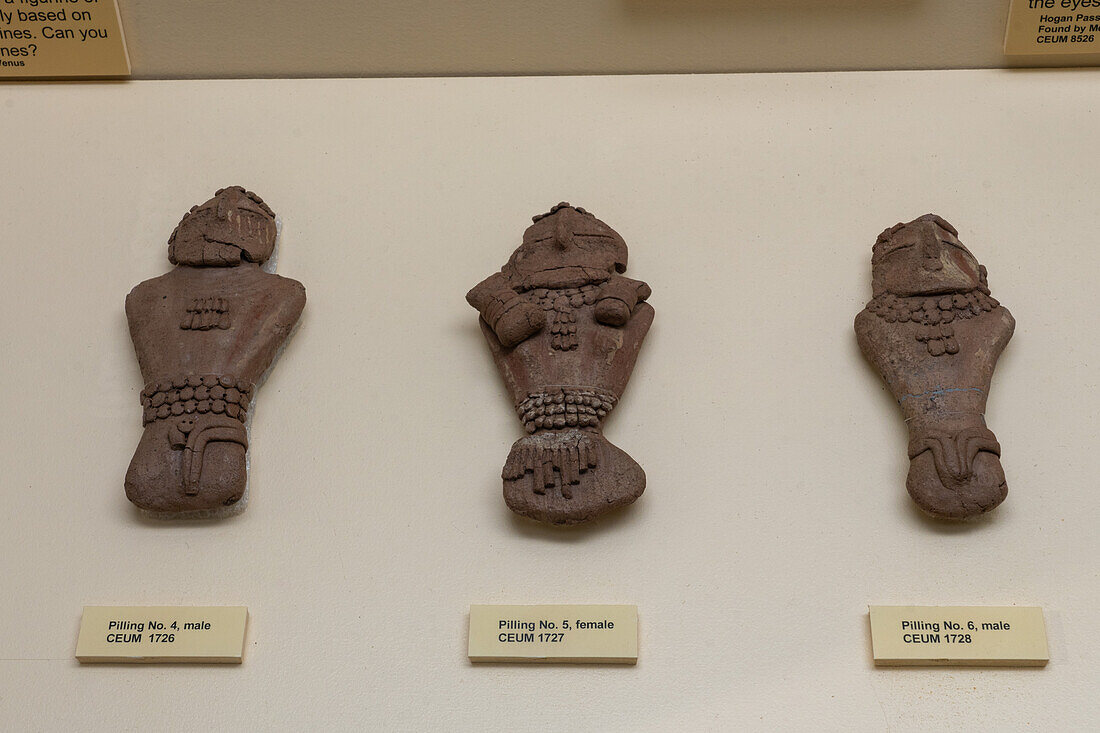 Three of the Fremont culture Pilling Figurines in the USU Eastern Prehistoric Museum in Price, Utah.