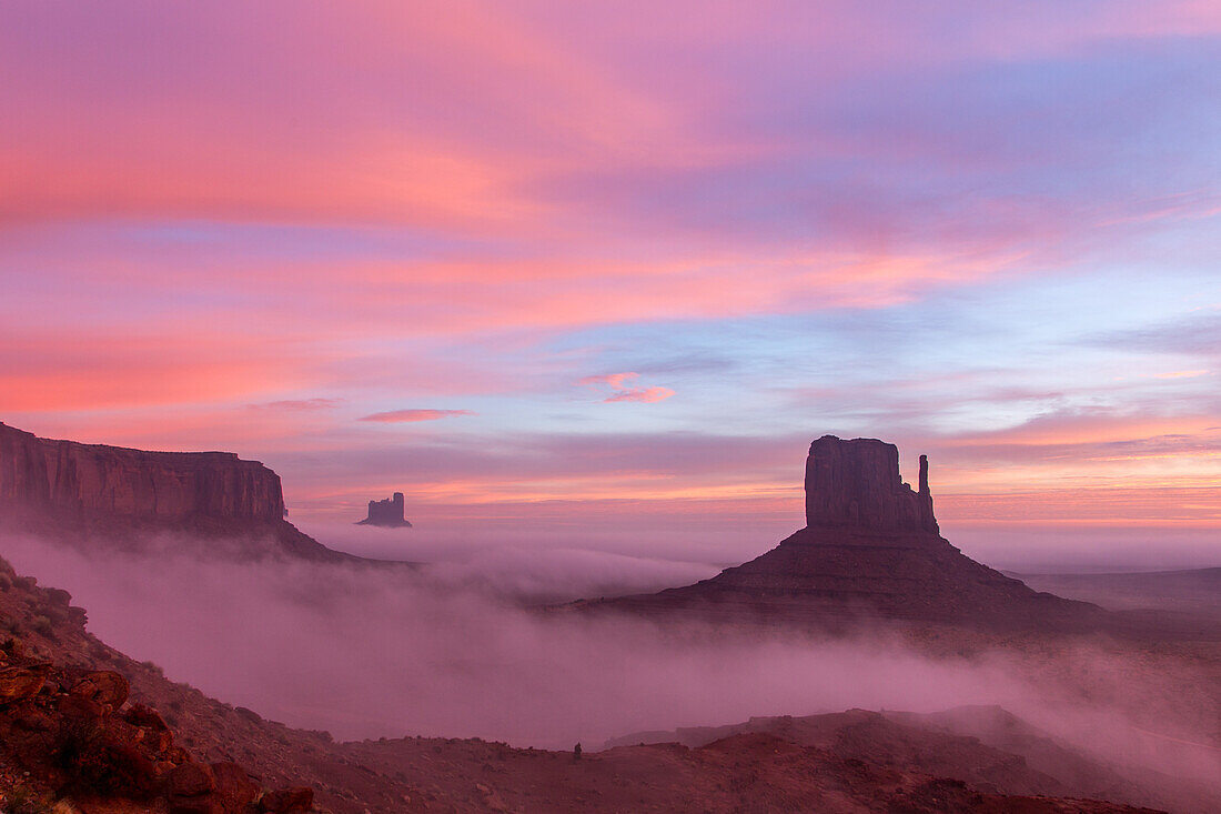 Foggy sunrise in the Monument Valley Navajo Tribal Park in Arizona.