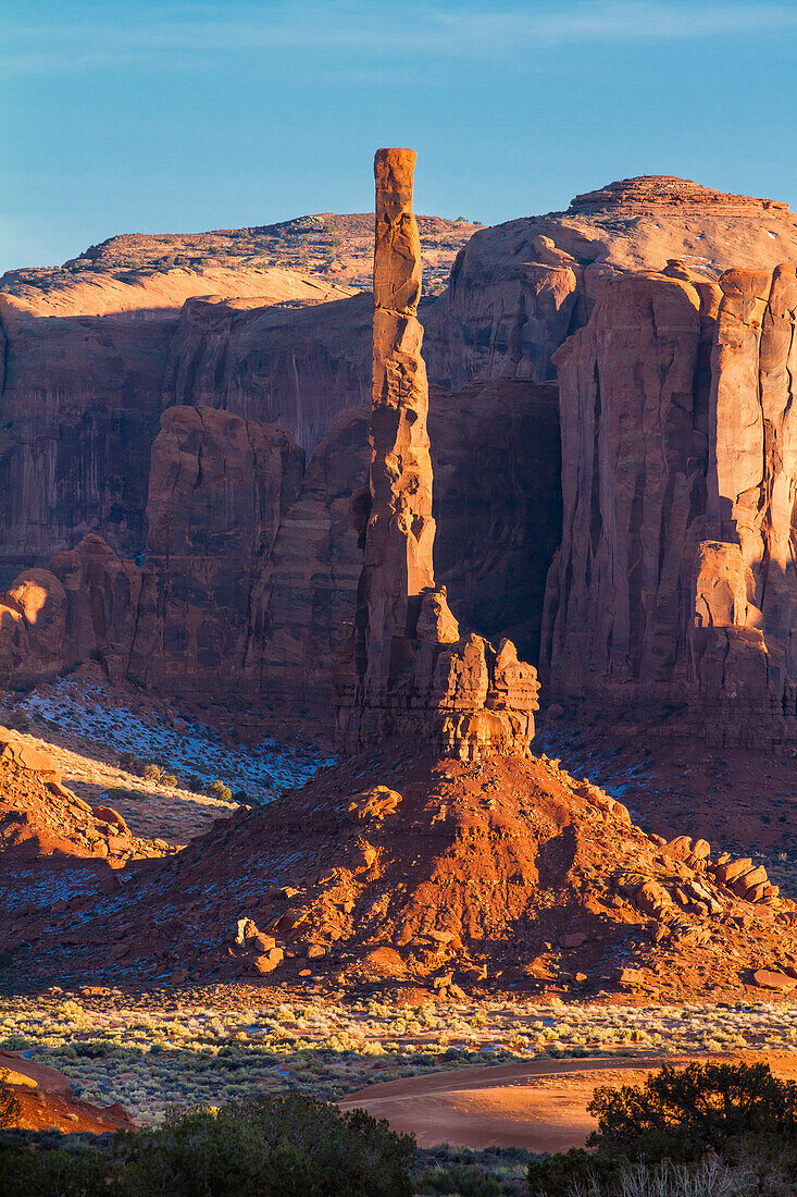 The Totem Pole at sunset in the Monument Valley Navajo Tribal Park in Arizona.