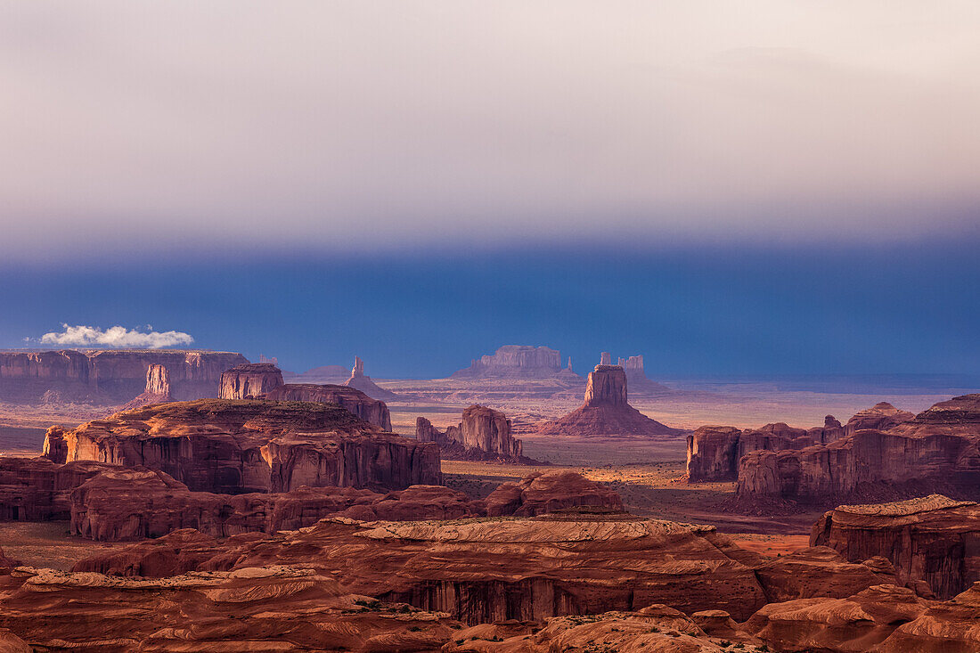 Last light on Monument Valley from Hunt's Mesa in the Monument Navajo Valley Tribal Park in Arizona.