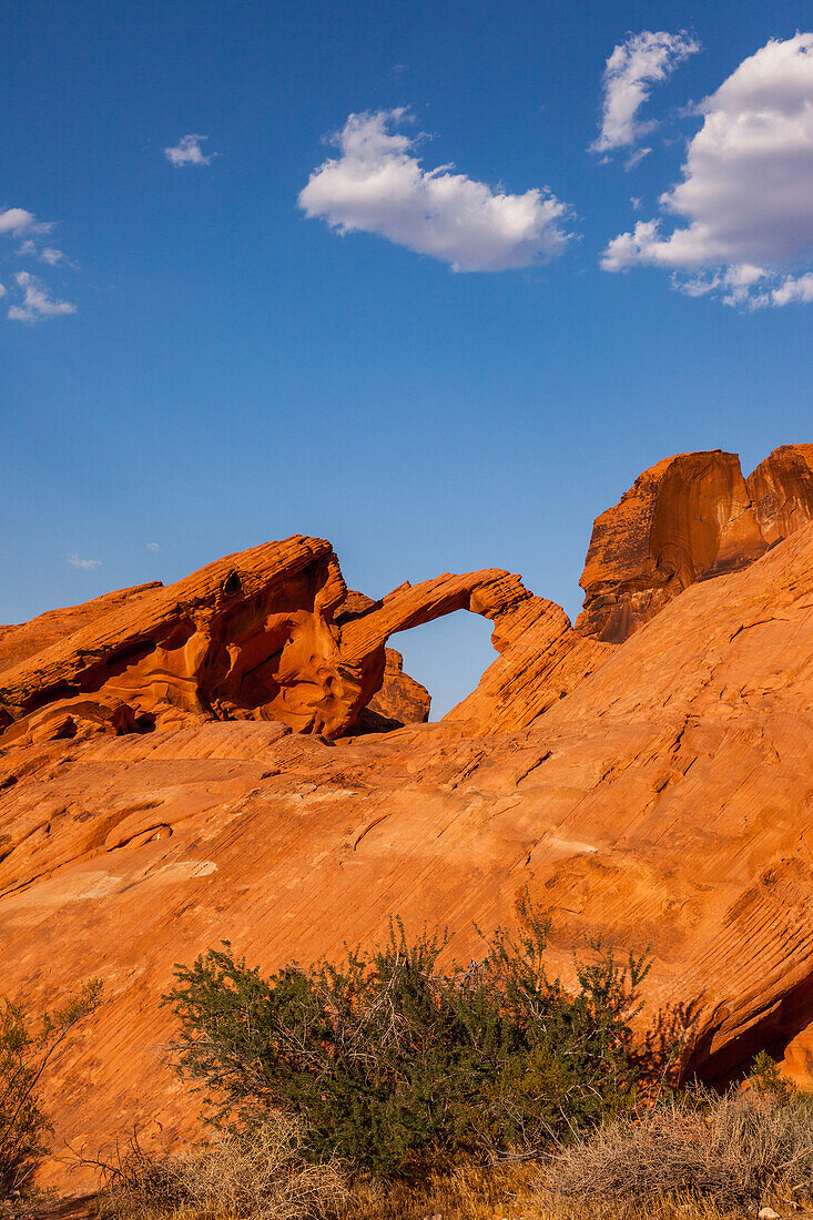 Arch Rock, a natural arch in the eroded Aztec sandstone of Valley of Fire State Park in Nevada.