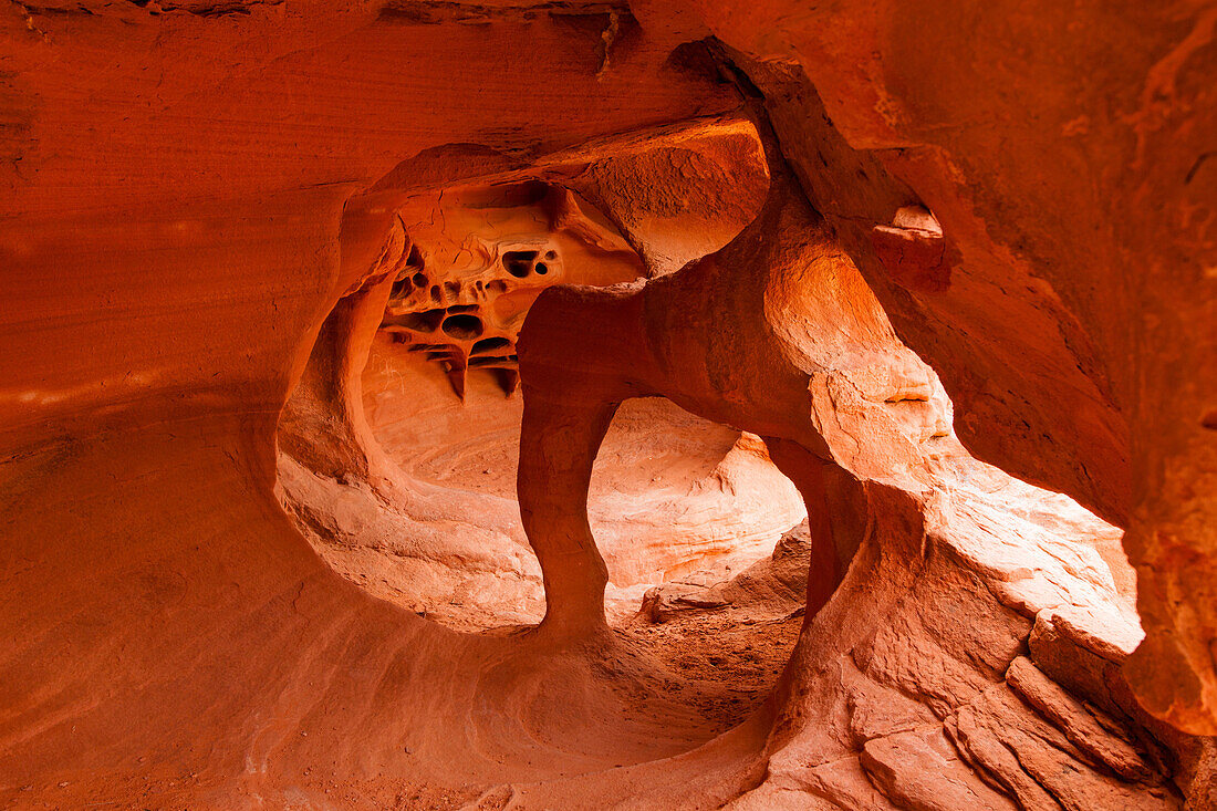 Windstone Arch in the FIre Cave in the eroded Aztec sandstone of Valley of Fire State Park in Nevada.