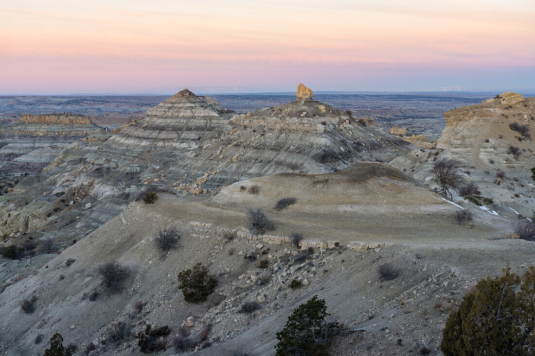 Angel Peak Scenic Area near Bloomfield, New Mexico. the Kutz Canyon badlands, just after sundown.