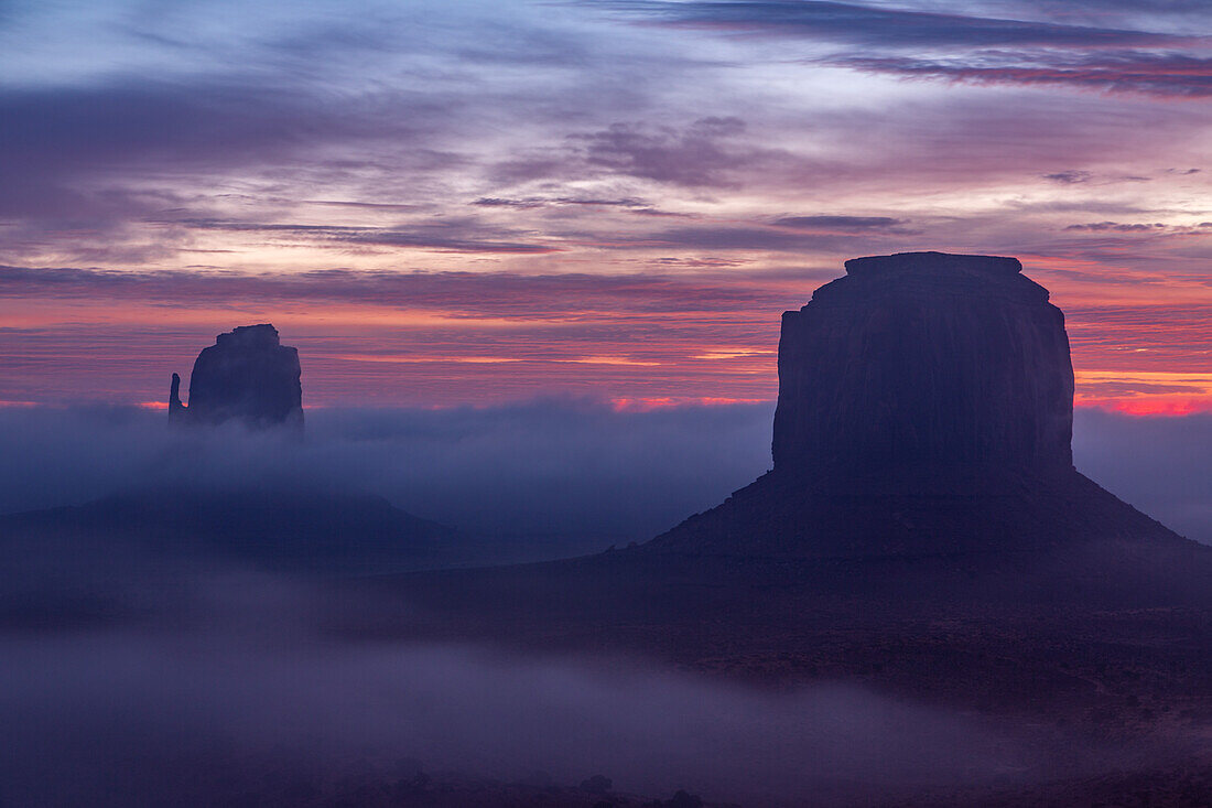 Foggy sunrise in the Monument Valley Navajo Tribal Park in Arizona.