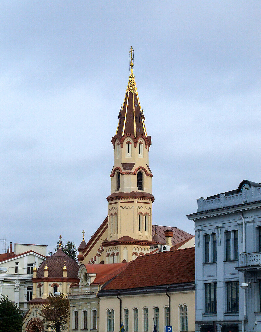 The bell tower of the Church of St. Nicholas in the Old Town of Vilnius, Lithuania. It is the oldest church in Lithuania. A UNESCO World Heritage Site.