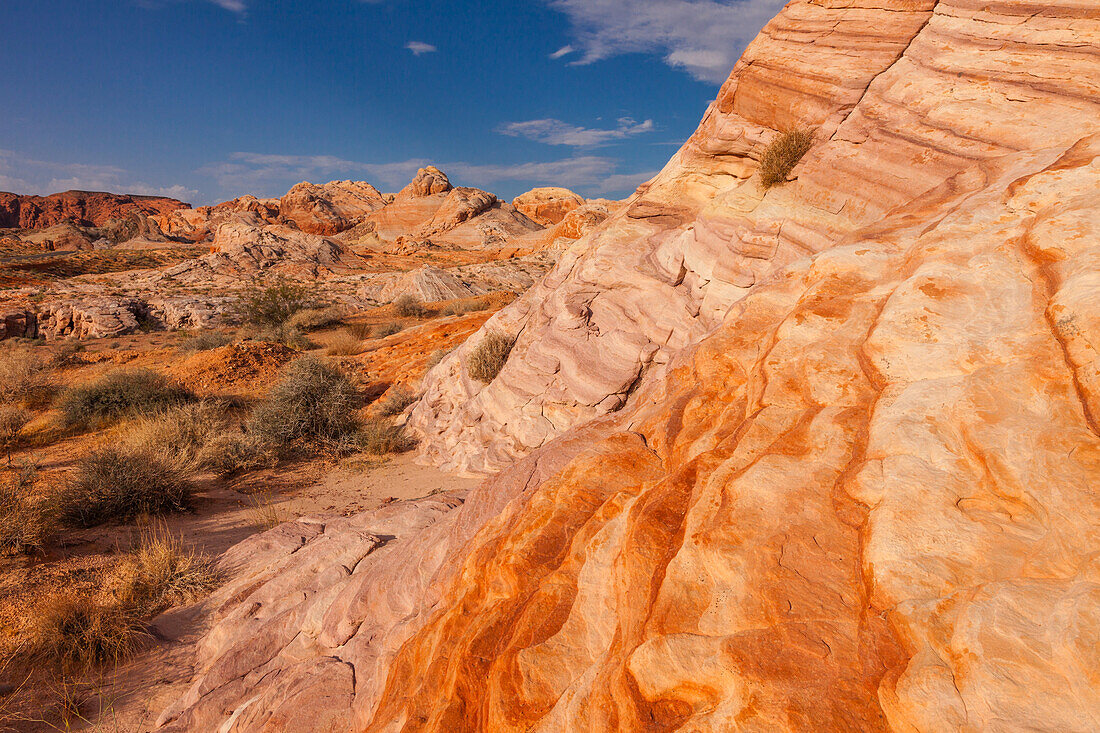 Colorful eroded Aztec sandstone formations in Valley of Fire State Park in Nevada.