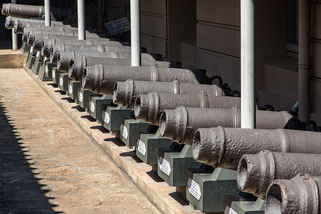 A collection of antique cast iron 4 1/2" bore carronade cannons in the Grand Palace complex in Bangkok, Thailand.