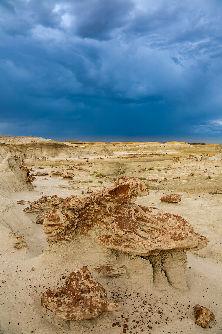 Sandsteinfelsen auf Hoodoos in den farbenfrohen Lehmhügeln in den Badlands des San Juan Basin in New Mexico