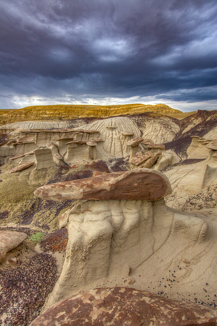 Sandstone caprocks on hoodoos in the colorful clay hills in the badlands of the San Juan Basin in New Mexico.