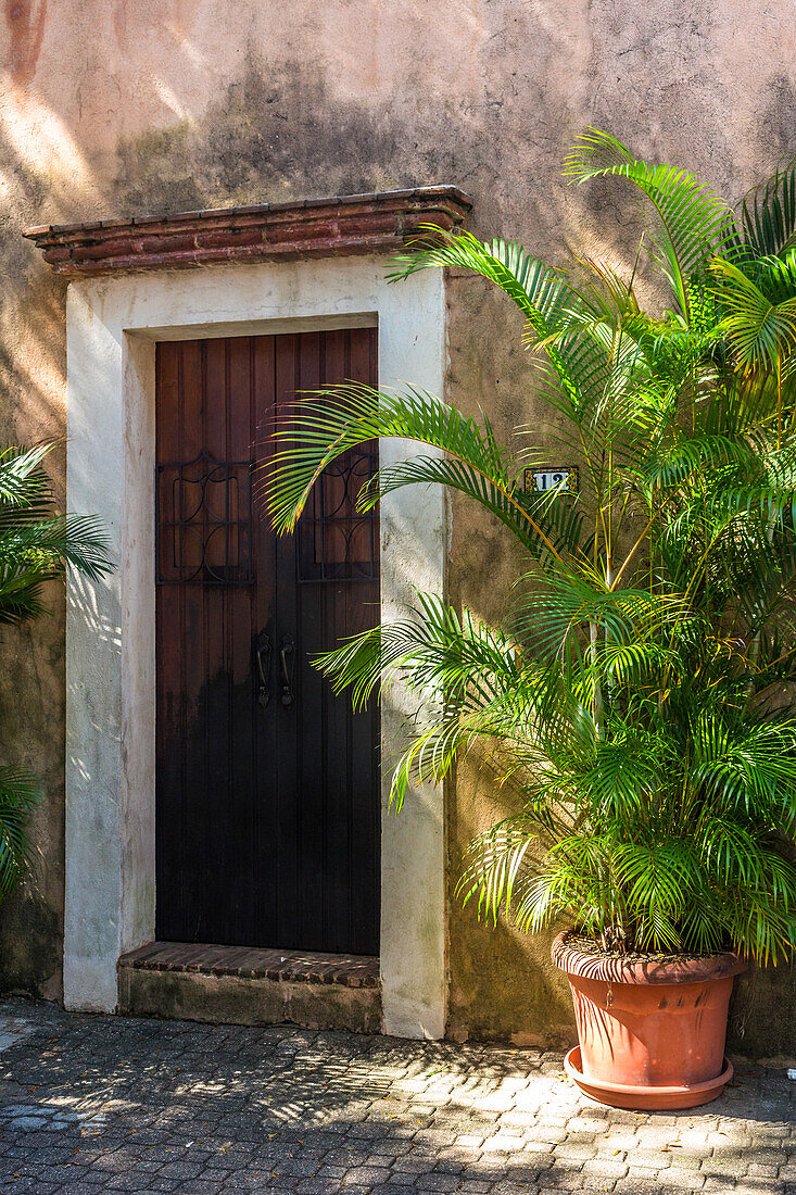 Hölzerne Tür eines alten Kolonialhauses in der Kolonialstadt Santo Domingo, Dominikanische Republik. Ein UNESCO-Weltkulturerbe