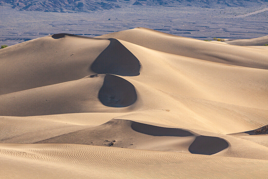 Curving crests of dunes in the Mesquite Flat Sand Dunes in the Mojave Desert in Death Valley National Park, California.