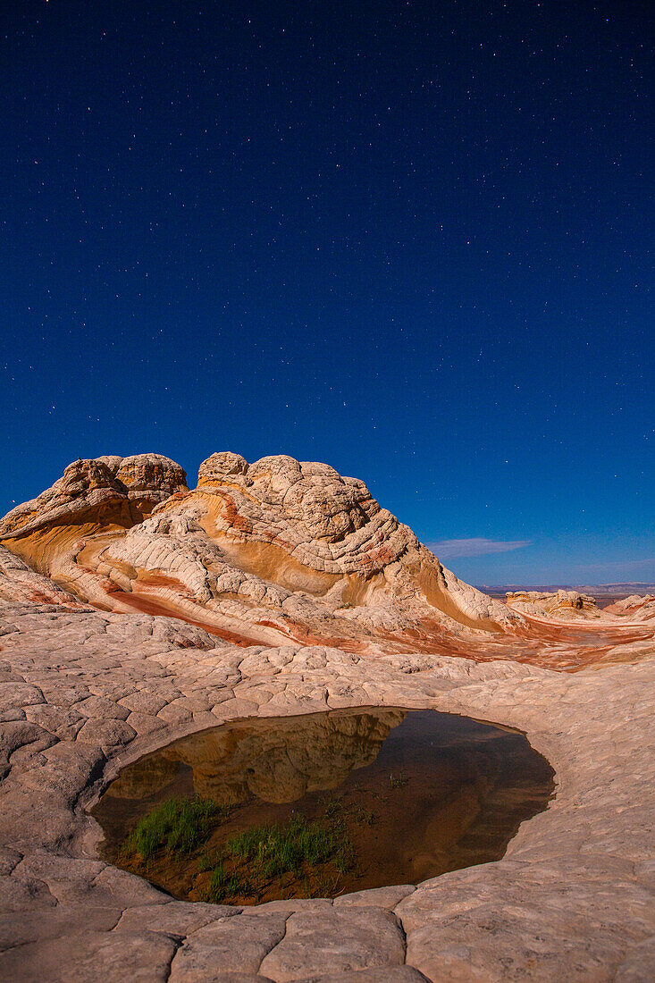 Stars over the colorful moonlit sandstone in the White Pocket Recreation Area, Vermilion Cliffs National Monument, Arizona.
