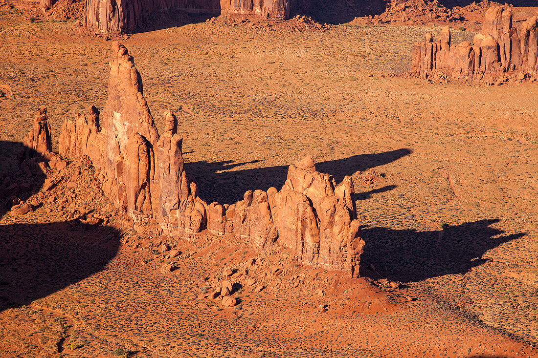 Sandstone fins in Monument Valley, from Hunt's Mesa in the Monument Valley Navajo Tribal Park in Arizona.