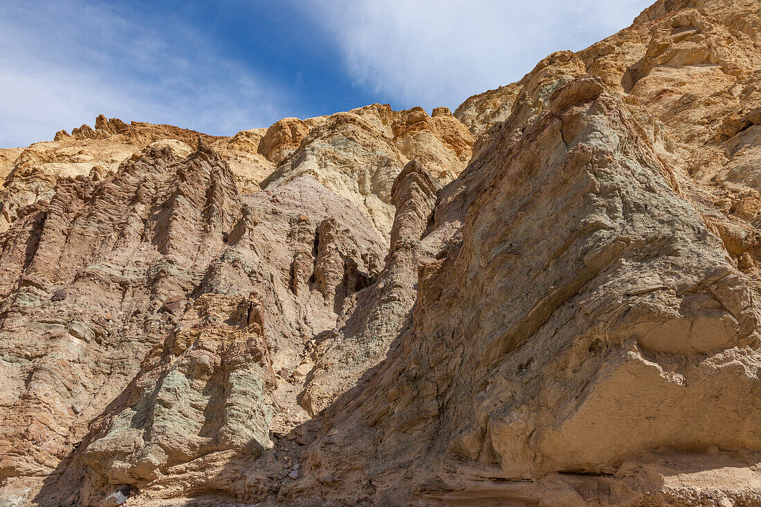 Colorful Furnace Creek Formation in Golden Canyon in Death Valley National Park in the Mojave Desert, California.