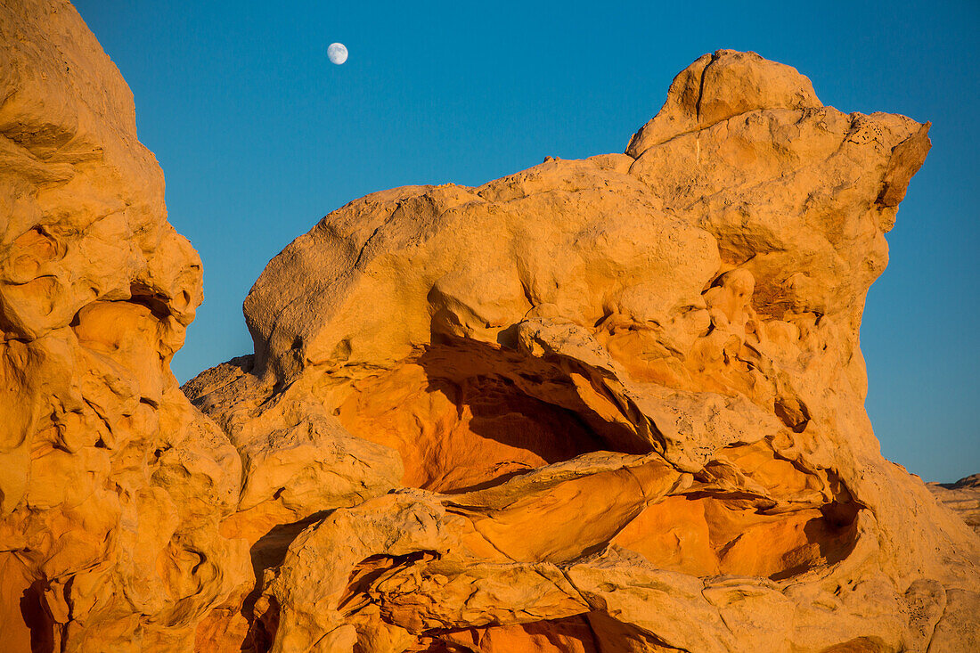Moon over colorful Navajo sandstone at sunset in the White Pocket Recreation Area, Vermilion Cliffs National Monument, Arizona.