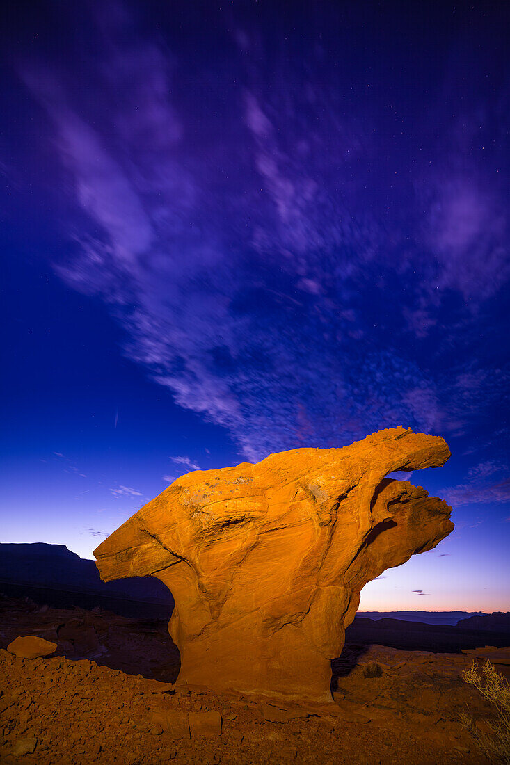 Farbenfrohe erodierte Azteken-Sandsteinformationen in der Abenddämmerung in Little Finland, Gold Butte National Monument, Nevada. Über uns ist das Sternbild Cassiopeia zu sehen.