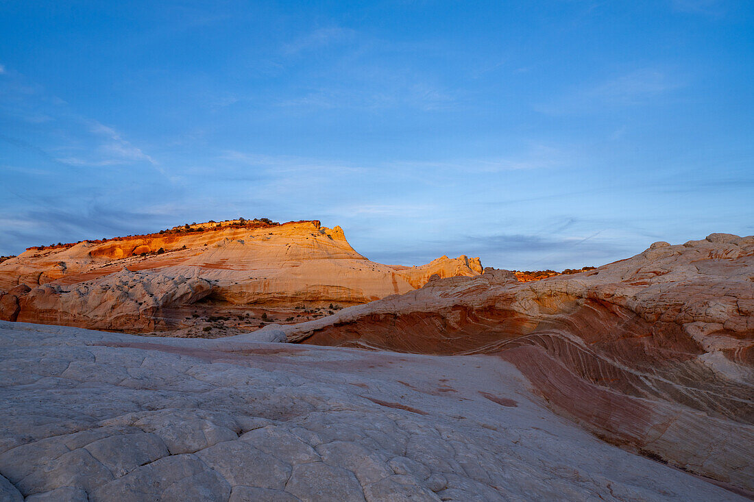 A sandstone mesa at sunset in the White Pocket Recreation Area, Vermilion Cliffs National Monument, Arizona.