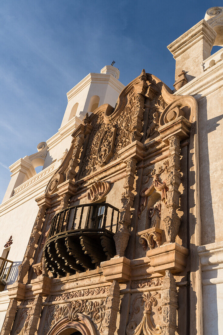 Detail of the facade and wooden balcony of the Mission San Xavier del Bac, Tucson Arizona.